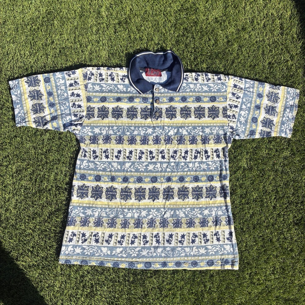 Vintage Lucci Mens Size M Blue Yellow Floral Geometric Polo Shirt Cotton